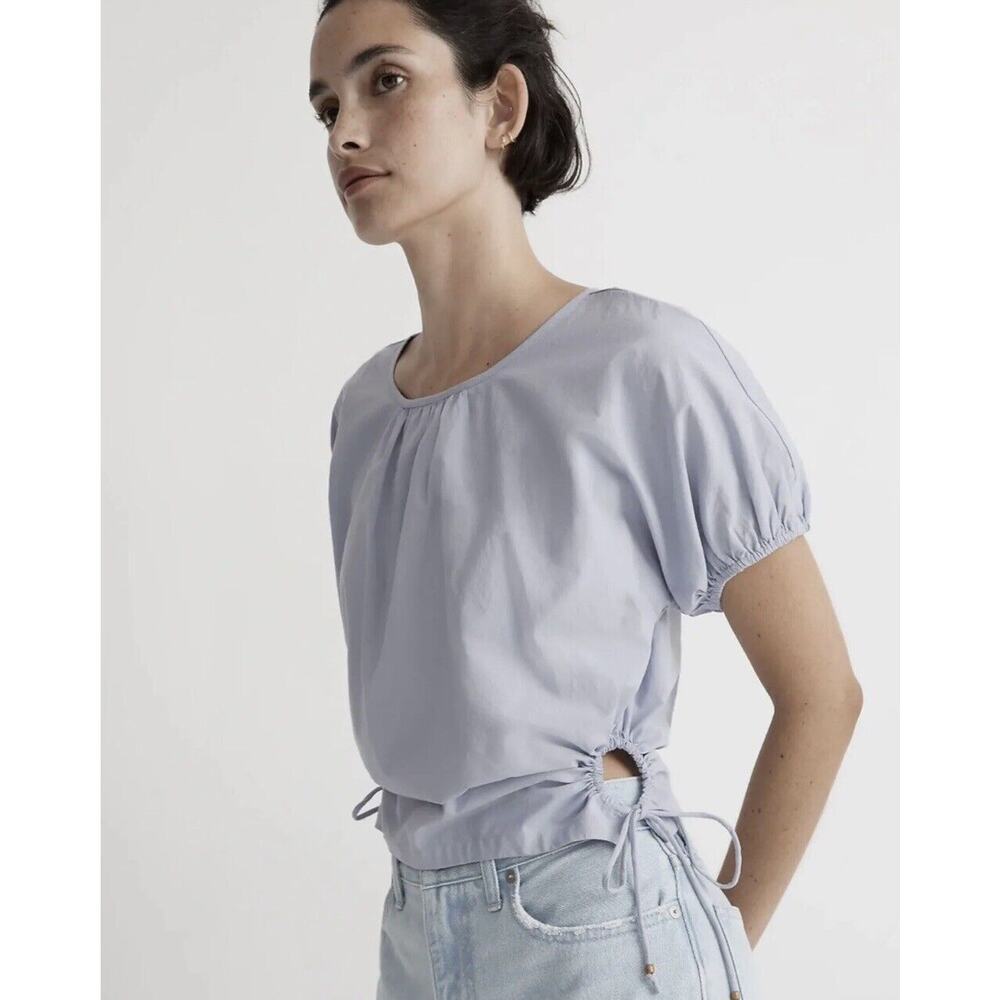 Madewell Embroidered Poplin Puff-Sleeve Cutout Crop Top Distant Peri XS NWT